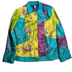 Vtg Y2K Indigo Moon Turquoise Blue Green Floral Embroidered Patchwork Jacket S